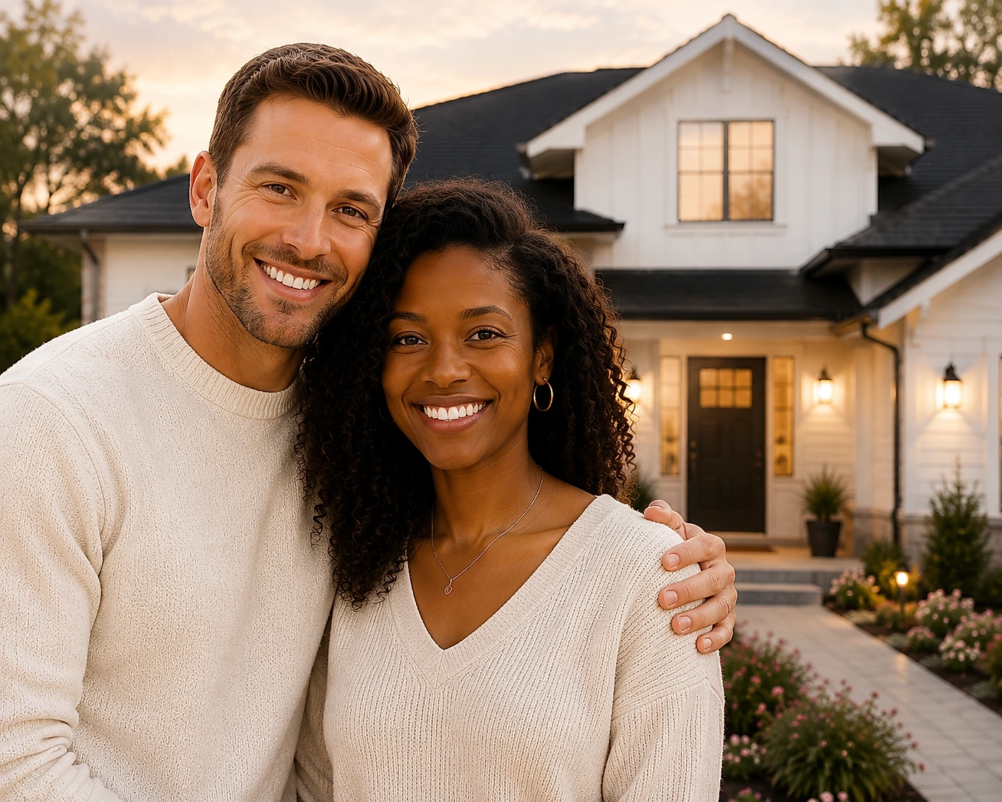 A couple standing together in front of their home at dusk