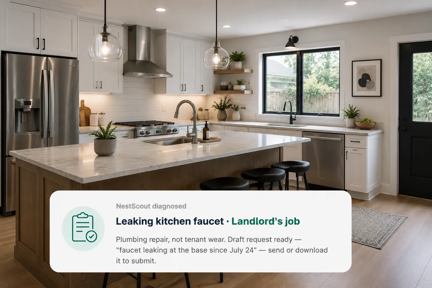 NestScout diagnosed a leaking kitchen faucet as the landlord's job, with a drafted repair request